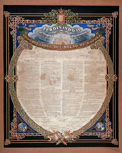 Risorgimento: Verfassung verkündet von König Ferdinand II. der Beiden Sizilien (1810-1859) im Jahr 1847 von Italian School