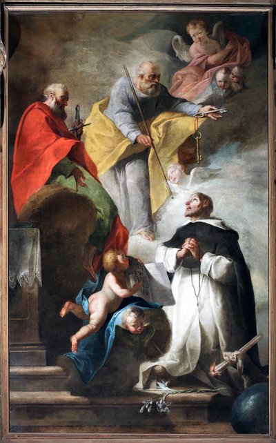 Der heilige Dominikus erhält den Pilgerstab und das Buch mit der Inschrift „Vade et predica“ aus den Händen der Heiligen Petrus und Paulus. Gemälde der venezianischen Schule des 18. Jahrhunderts von Italian School