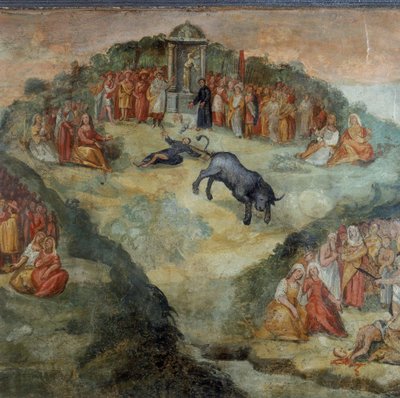 Heiliger Hippolytus wirft das von Pontifex Battistellus gegebene Rauchfass, um Jupiter zu opfern (Detail) von Italian School