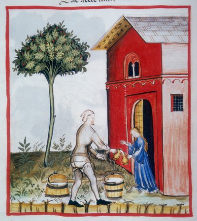 Verkauf von saurer Milch (c.59v), Tacuinum Sanitatis, Codex Vindobonensis Series Nova 2644 von Italian School