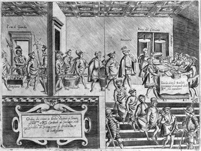 Dienst der Kardinäle während eines Konklaves. Gravur aus „Opera“, einem Buch über Gastronomie, unterteilt in 6 Teile, von Bartolomeo Scappi, persönlicher Koch von Papst Pius V. Venedig von Italian School