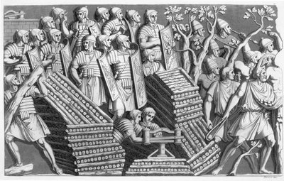 Soldaten, möglicherweise beim Bau einer Pontonbrücke oder Belagerungsmaschine, möglicherweise von der Trajanssäule, aus Customs of the Romans, ca. 1800-10 von Italian School