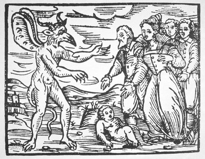 Zauberer präsentieren ein Kind dem Teufel, aus Compendium Maleticarum von Fr M Guaccius (1608) illustriert in einer Geschichte der Magie, veröffentlicht Ende des 19. Jahrhunderts von Italian School