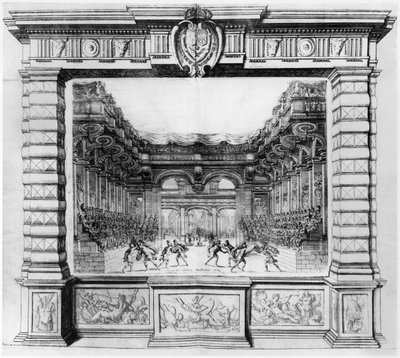 Bühnenbild von Giacomo Torelli (1608-78) für la Finta Pazza, aufgeführt 1645 im Theatre Petit Bourbon in Paris, 1654 von Italian School