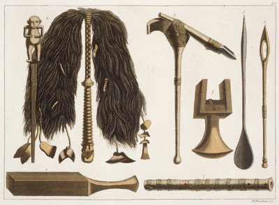 Tahitianische Werkzeuge und Zeremonialinstrumente, Illustration aus einer Sammlung von Reisebüchern des frühen 19. Jahrhunderts von Italian School