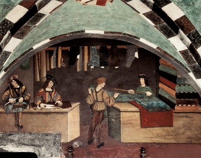 Schneiderei. Ein Mann näht, ein anderer schneidet den Stoff und ein dritter verkauft den Stoff an einen Kunden. Fresko Schloss Issogne (15. Jahrhundert) von Italian School