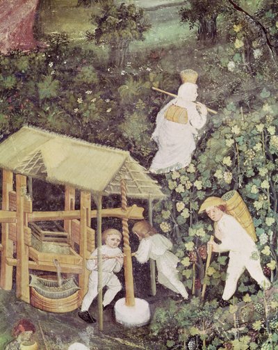 Der Monat Oktober, Detail der Traubenpflücker beim Traubenpressen, ca. 1400 von Italian School