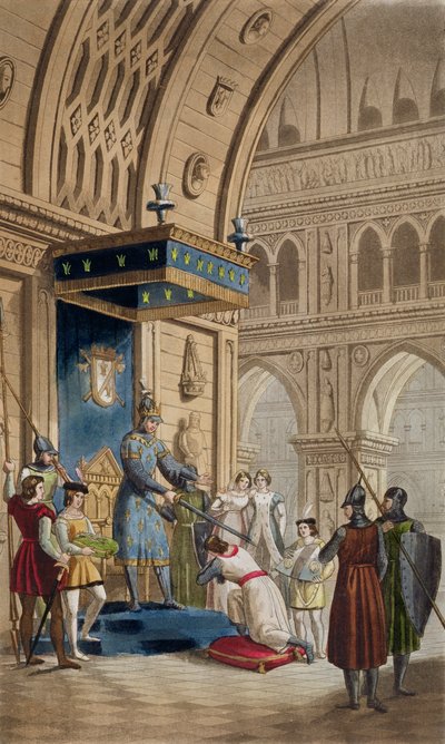Die Schaffung eines Tempelritters, aus einem Manuskript der Romanze von Lancelot vom See, veröffentlicht um 1820-30 von Italian School