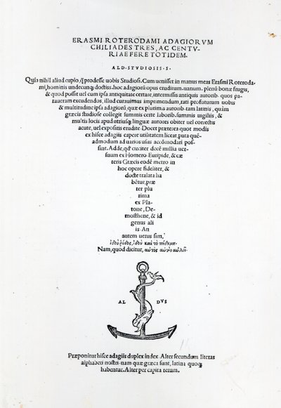 Titelseite der Adagia von Erasmus, gedruckt von Aldus Manutius in Venedig, 1508 von Italian School