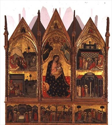 Triptychon: Madonna mit Kind auf dem Thron flankiert von Szenen aus dem Leben des St. Bartholomäus mit einer Predella-Tafel von Szenen aus dem Leben Christi, Schule der Marken von Italian School