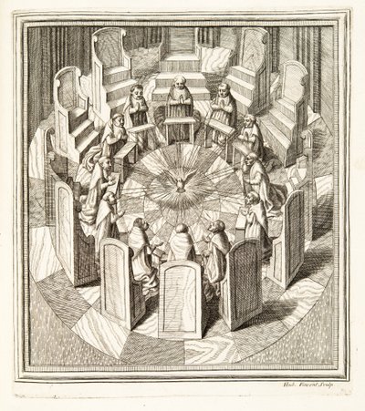 Zwölf Richter der Rota beten in einer runden Halle um den Heiligen Geist, veröffentlicht 1717 (Kupferstich) von Italian School