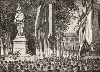 Enthüllung des Denkmals für General Giacomo Medici, Mailand, Italien, Gravur nach einer Zeichnung von Edoardo Ximenes nach einem Foto von Rossi, aus L