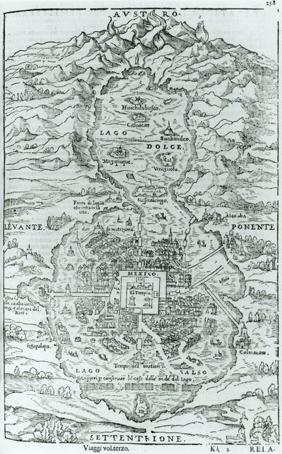 Ansicht von Norden der aztekischen Stadt Tenochtitlan, aus Relatione della Citta del Temistitan von Giovanni Battista Ramusio (1485-1557), veröffentlicht in Venedig 1606 von Italian School