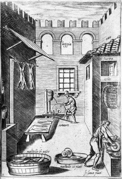 Ansicht einer Küche. Im Hintergrund schärft ein Mann die Messer, während ein anderer die Teller wäscht. Gravur aus „Opera“, Buch über Gastronomie in 6 Teilen, von Bartolomeo Scappi, persönlicher Koch von Papst Pius V. Venedig von Italian School