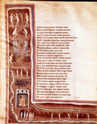 Ansicht der Unterwelt, Figuren und Monster, wandernde Seelen in den Kreisen der Unterwelt, Illustration für „Furioser Herkules“ von Seneca (Miniatur) von Italian School