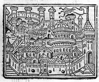 Ansicht der Stadt Aosta in Italien. Gravur in „Supplemento alle cronache“ von Fra Jacopo Filippo Foresti, Venedig von Italian School