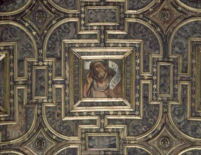 Ansicht der getäfelten Decke mit bemalten Paneelen von Pier Maria Pennacchi (1464-1514/15) von Italian School