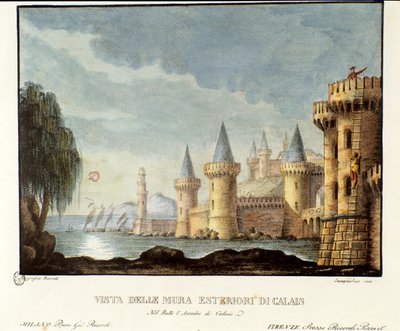 Ansicht der Festungsanlagen von Calais im Jahr 1347 während des Hundertjährigen Krieges, Bühnenbild für die Oper 