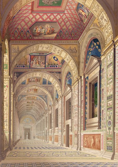Ansicht der Loggia im zweiten Stockwerk im Vatikan, mit Dekoration von Raphael, aus Delle Loggie di Rafaele nel Vaticano, veröffentlicht als lose Blätter in der Ausgabe von 1814 (handkolorierter Stich) von Italian School