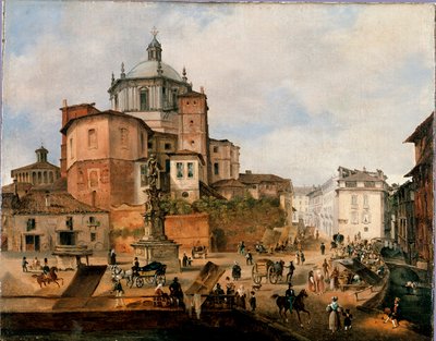 Ansicht des Platzes Vetra und der Apsis der Basilika San Lorenzo Anonymes Gemälde. Ende des 19. Jahrhunderts. Mailand, Mailänder Museum von Italian School