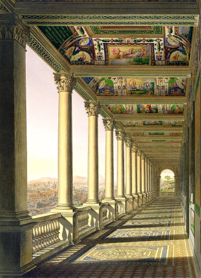 Ansicht der Loggia im dritten Stockwerk im Vatikan, mit Dekoration von Raphael, aus Delle Loggie di Rafaele nel Vaticano, veröffentlicht als lose Blätter in der Ausgabe von 1814 (handkolorierter Stich) von Italian School