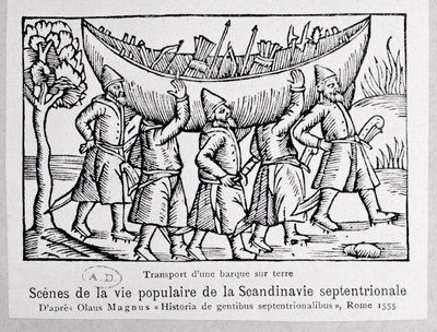 Wikinger tragen ein Boot nach Russland, Illustration aus Historia de Gentibus Septentrionalibus von Olaus Magnus (1490-1558), veröffentlicht in Rom, 1555 von Italian School
