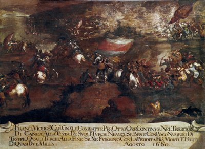 Krieg von Candia (Kreta): „Schlacht von Chania unter der Führung von Francesco Morosini (1619-1694) im August 1660“ Gemälde der venezianischen Schule von Italian School
