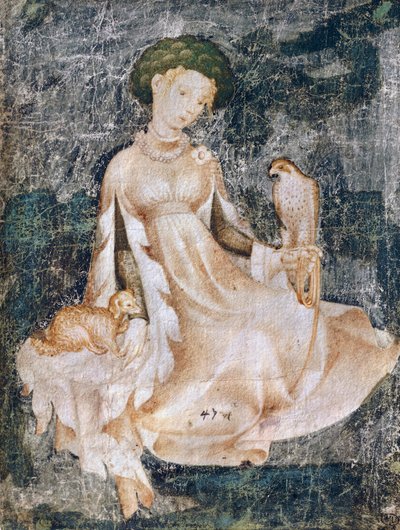 Frau sitzt auf dem Boden mit Hund und Falke von Italian School