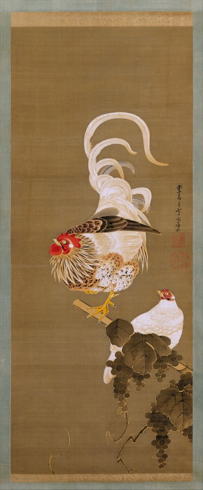 Henne und Hahn mit Weinrebe, 1792 von Ito Jakuchu