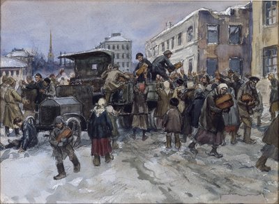 Hungrige Arbeiter in Petrograd plündern einen Militärlastwagen mit Brot, von Ivan Alexeyevich Vladimirov von Ivan Alexeyevich Vladimirov