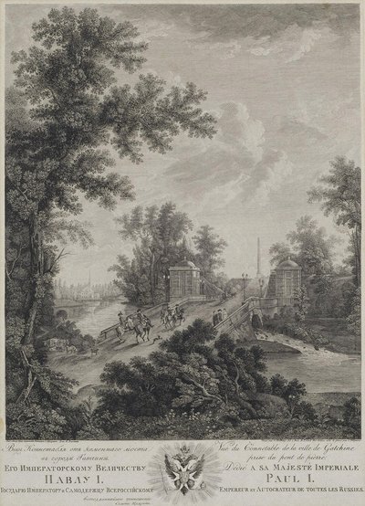 Blick auf den Connetable-Platz von der Steinbrücke in Gatchina, 1800 von Ivan Dmitryevich Telegin