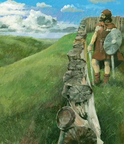 Eisenzeitlicher Mann auf Liddington Castle Hillfort, Swindon, Wiltshire, 1994 von Ivan Lapper
