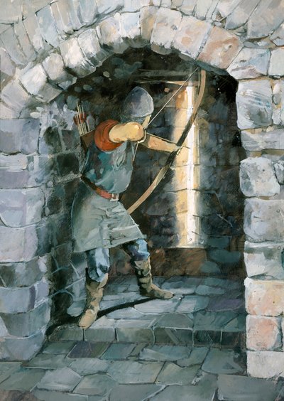 Mittelalterlicher Bogenschütze, der durch einen Pfeilschlitz auf Schloss Beeston, Cheshire, schießt von Ivan Lapper