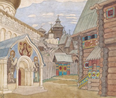Russisches Dorf. Bühnenbild für die Oper Die Geschichte vom Zaren Saltan von N. Rimski-Korsakow von Ivan Yakovlevich Bilibin