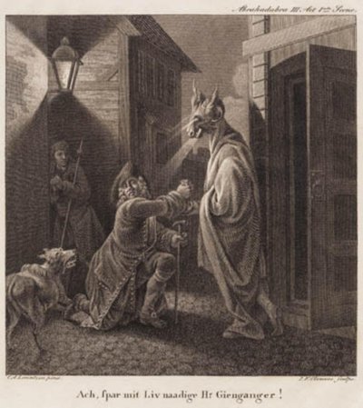 Abracadabra. Ach, verschone mein gnädiges Leben, Herr Wiedergänger! Gravur nach Lorentzens Holberg Galerie. von J.F. Clemens