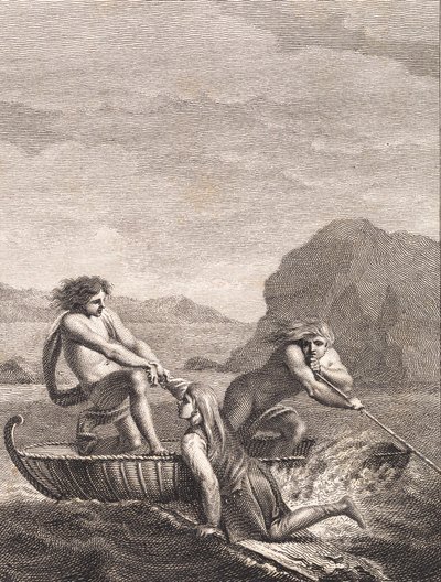 Der schiffbrüchige Niels Klim wird von zwei Qvamiten in einem Weidenboot gerettet von J.F. Clemens