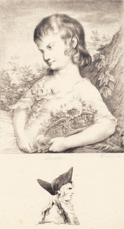 Ein kleines Mädchen mit einem Blumenkorb und Männerporträt von J.F. Clemens