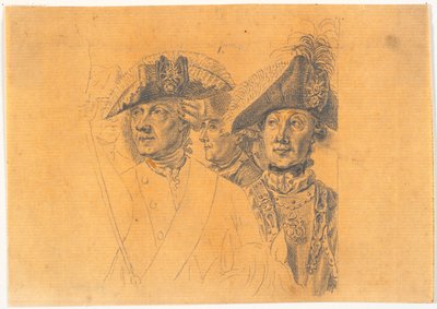 Vorarbeit zu vier der Köpfe für den Stich: Friedrich der Große reitet nach einer Revue in Potsdam nach Hause von J.F. Clemens