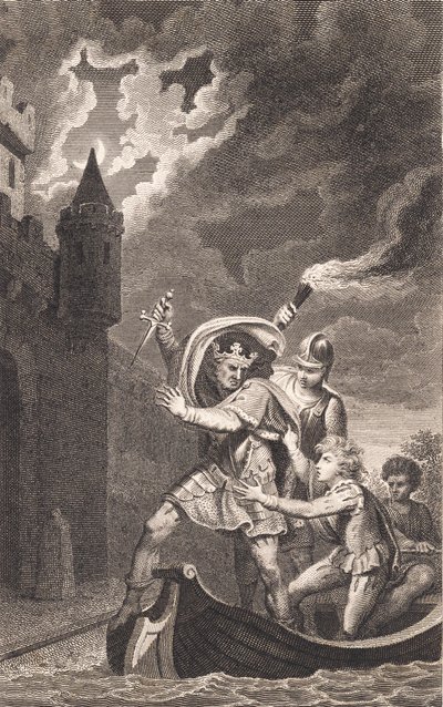 Illustration. Ein König mit erhobenem Dolch und drei Personen in einem Boot von J.F. Clemens