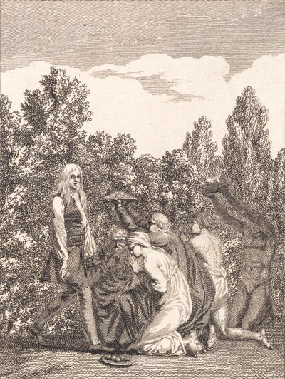 Niels Klim wird von den Qvamiten geehrt, die ihm Geschenke bringen und vor ihm knien von J.F. Clemens