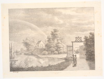 Sanderumgaards Garten mit Regenbogen. Im Vordergrund zwei Männer an einem Tor von J.F. Clemens