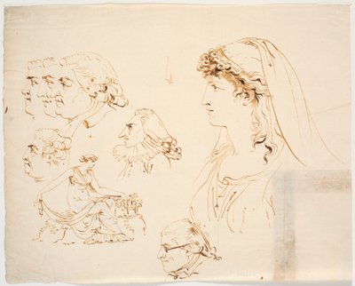 Sechs männliche und ein weibliches Profilkopf sowie eine Frau in klassischer Tracht, die Blumen pflückt von J.F. Clemens