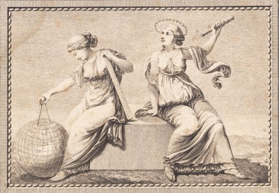 Urania und Gaea sitzen auf einem quadratischen Steinblock von J.F. Clemens