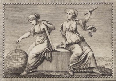 Urania und Gaea sitzen auf einem quadratischen Steinblock von J.F. Clemens