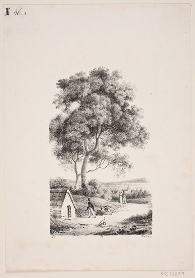 Spaziergänger auf einem Weg, links hohe Bäume von J.F. Møller
