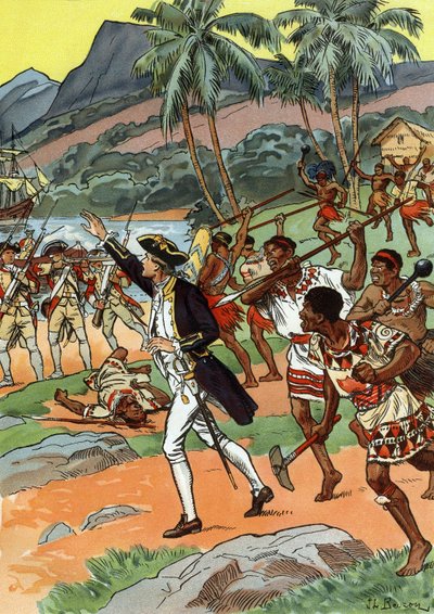 Tod von James Cook, getötet von Einheimischen auf Hawaii von J.L Beuzon (fl.1880 1940)