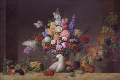 Ein Korb mit Blumen, ein Kakadu und eine Fruchtranke von J.L. Camradt