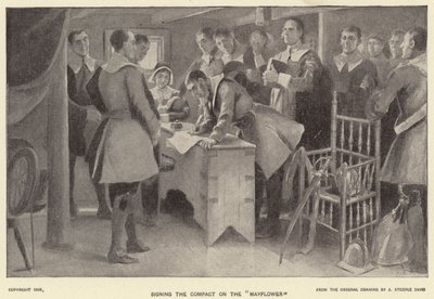 Unterzeichnung des Vertrags auf der "Mayflower" von J. (after) Steeple Davis