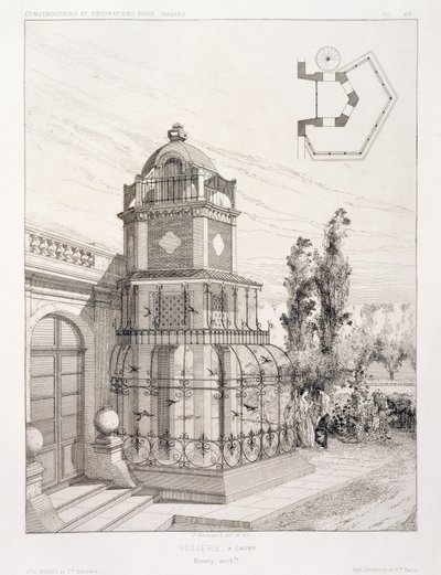 Vogelkäfig für Singvögel, aus einem Band von Entwürfen verschiedener Architekten, veröffentlicht von Morel & Cie, Paris, ca. 1880 von J. Boussard