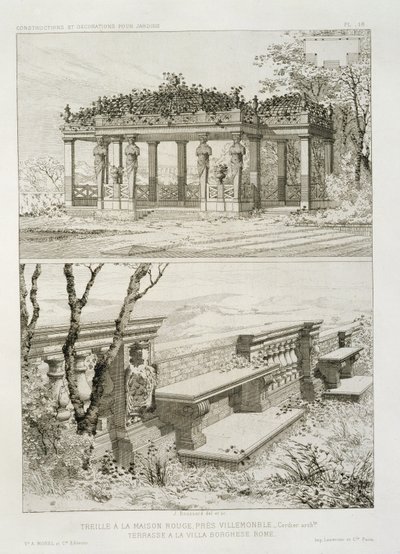 Pergola von La Maison Rouge bei Villemomble, entworfen von Cordier, und Terrasse der Villa Borghese, Rom, ca. 1880 von J. Boussard